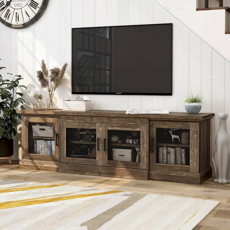 Meuble TV Denhour DH BASIC en chêne recyclé rustique de 175 cm de large avec 6 étagères
