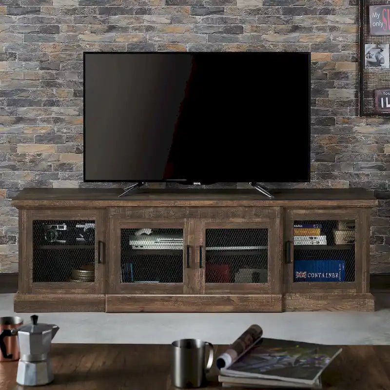 Meuble TV Denhour DH BASIC en chêne recyclé rustique de 175 cm de large avec 6 étagères