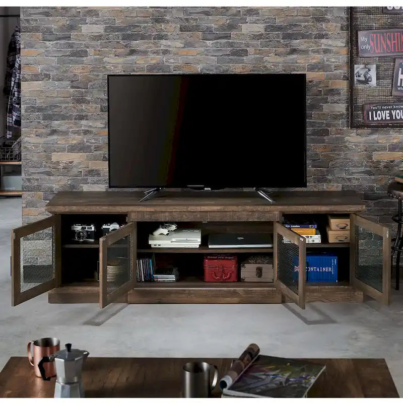 Meuble TV Denhour DH BASIC en chêne recyclé rustique de 175 cm de large avec 6 étagères
