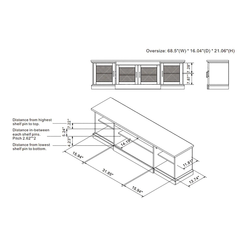 Meuble TV Denhour DH BASIC en chêne recyclé rustique de 175 cm de large avec 6 étagères
