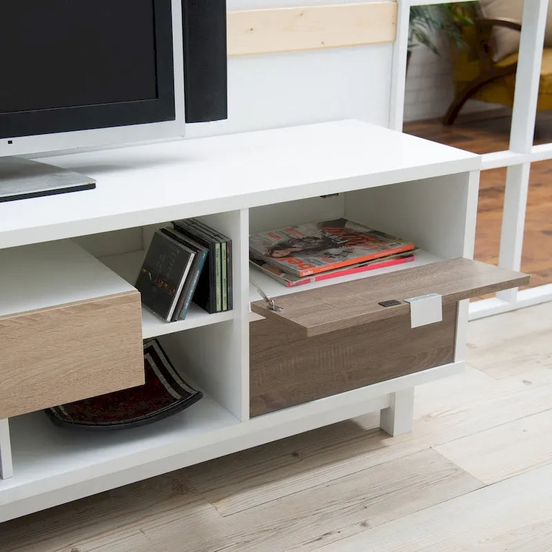 Mueble de TV blanco moderno de mediados de siglo de 70 pulgadas con almacenamiento