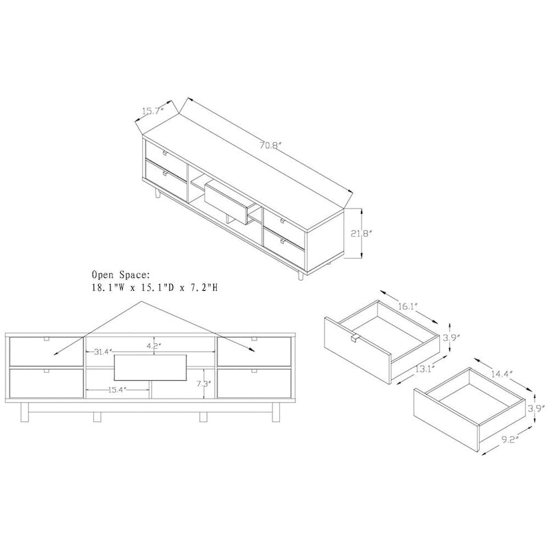 Mueble de TV blanco moderno de mediados de siglo de 70 pulgadas con almacenamiento