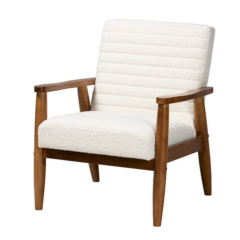Sillón Moderno de Mediados de Siglo en Tela Bouclé Crema y Madera de Nogal Marrón