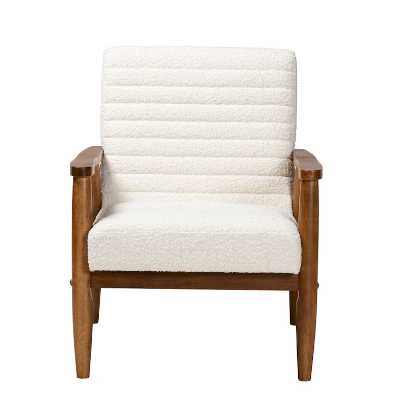 Sillón Moderno de Mediados de Siglo en Tela Bouclé Crema y Madera de Nogal Marrón