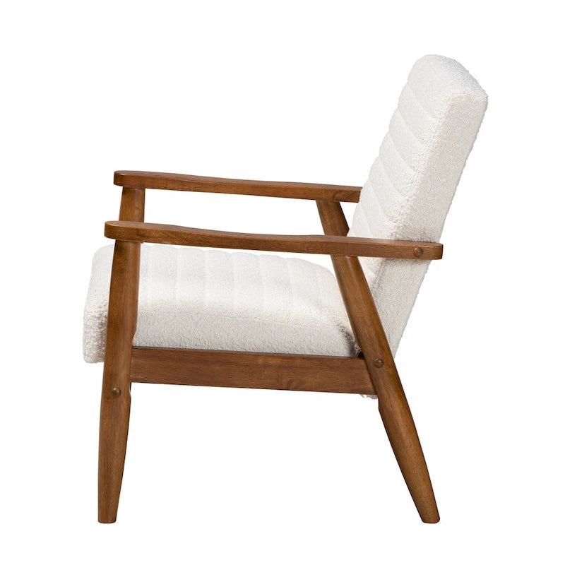 Sillón Moderno de Mediados de Siglo en Tela Bouclé Crema y Madera de Nogal Marrón