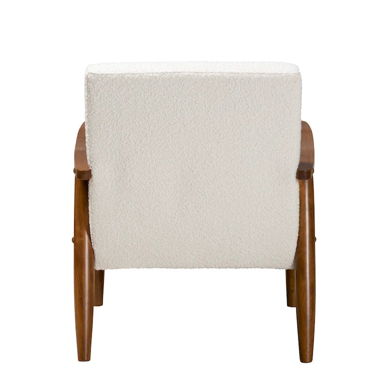 Sillón Moderno de Mediados de Siglo en Tela Bouclé Crema y Madera de Nogal Marrón