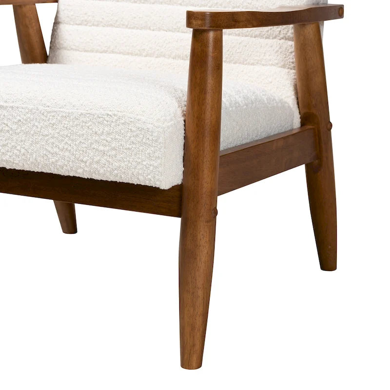 Sillón Moderno de Mediados de Siglo en Tela Bouclé Crema y Madera de Nogal Marrón