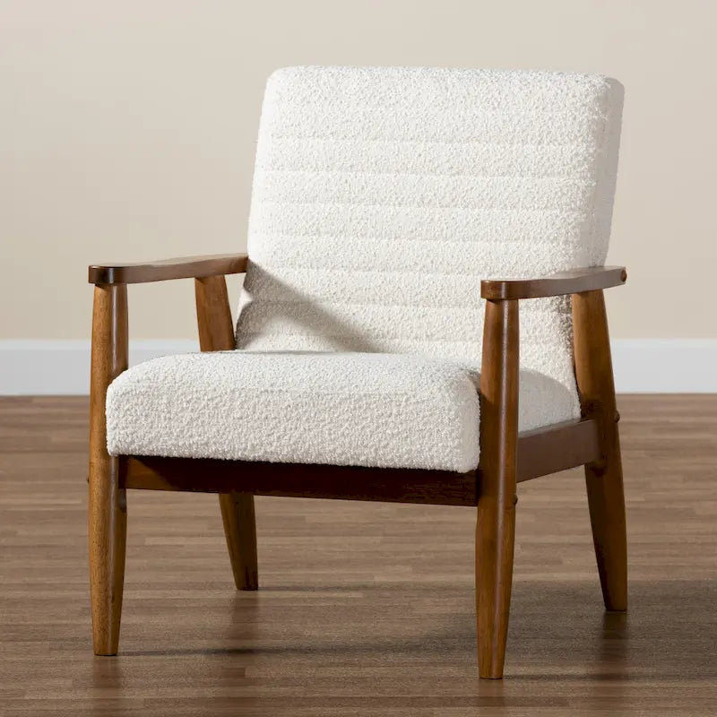 Sillón Moderno de Mediados de Siglo en Tela Bouclé Crema y Madera de Nogal Marrón