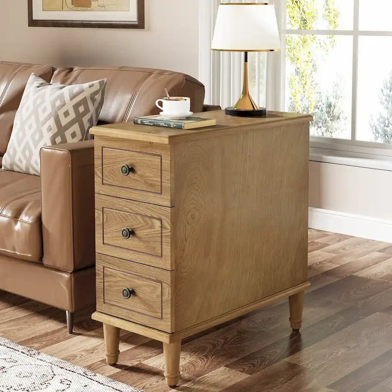 Fully Assembled Narrow End Table, Solid Wood Side Table with 3 Drawers, Vintage Nightstand Slim Bedside Table for Small Spaces