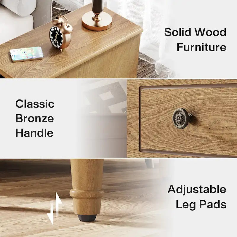 Fully Assembled Narrow End Table, Solid Wood Side Table with 3 Drawers, Vintage Nightstand Slim Bedside Table for Small Spaces