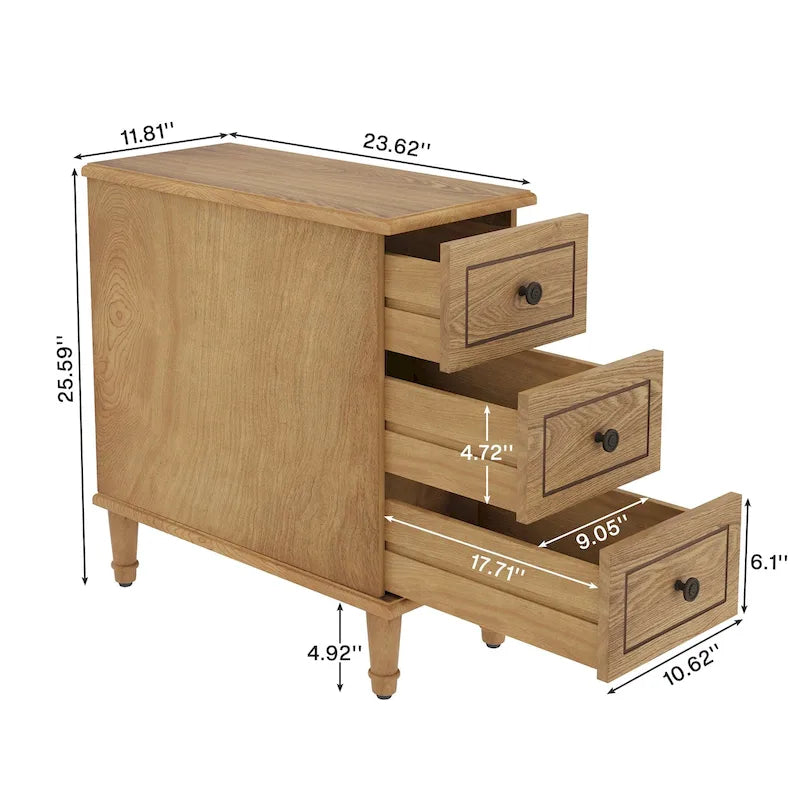 Fully Assembled Narrow End Table, Solid Wood Side Table with 3 Drawers, Vintage Nightstand Slim Bedside Table for Small Spaces