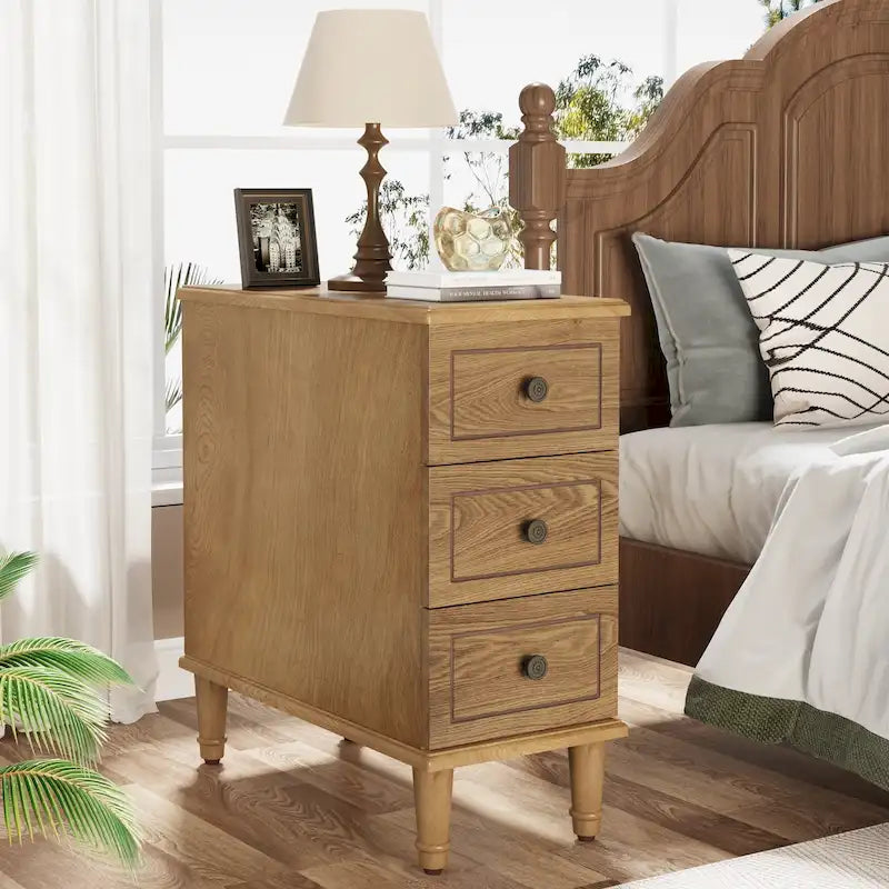 Fully Assembled Narrow End Table, Solid Wood Side Table with 3 Drawers, Vintage Nightstand Slim Bedside Table for Small Spaces