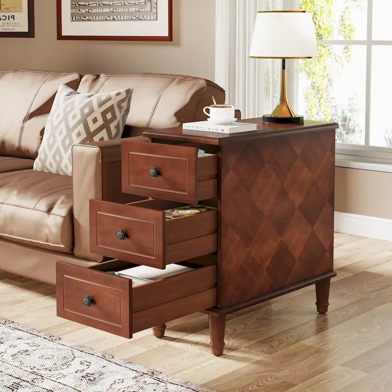 Fully Assembled Narrow End Table, Solid Wood Side Table with 3 Drawers, Vintage Nightstand Slim Bedside Table for Small Spaces