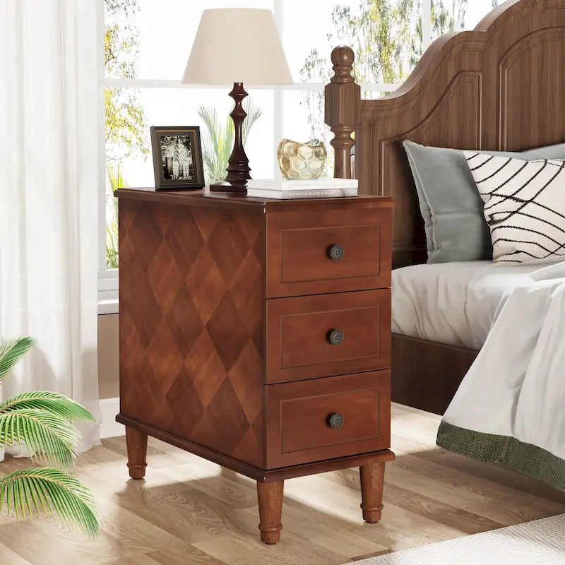 Fully Assembled Narrow End Table, Solid Wood Side Table with 3 Drawers, Vintage Nightstand Slim Bedside Table for Small Spaces