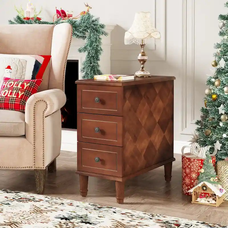 Fully Assembled Narrow End Table, Solid Wood Side Table with 3 Drawers, Vintage Nightstand Slim Bedside Table for Small Spaces