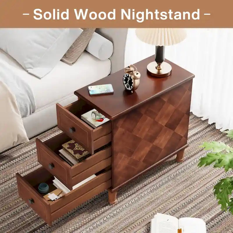 Fully Assembled Narrow End Table, Solid Wood Side Table with 3 Drawers, Vintage Nightstand Slim Bedside Table for Small Spaces