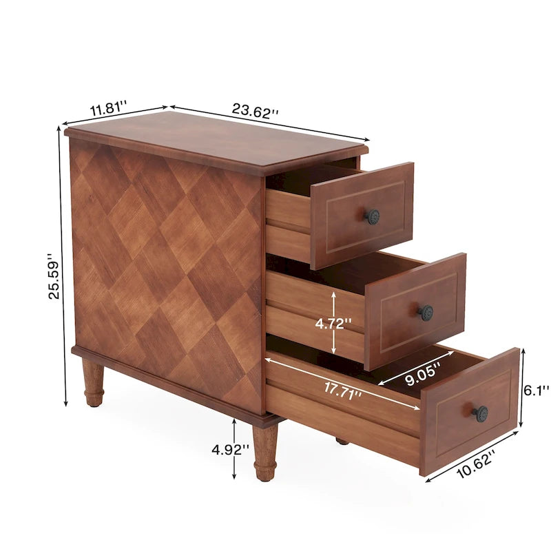 Fully Assembled Narrow End Table, Solid Wood Side Table with 3 Drawers, Vintage Nightstand Slim Bedside Table for Small Spaces