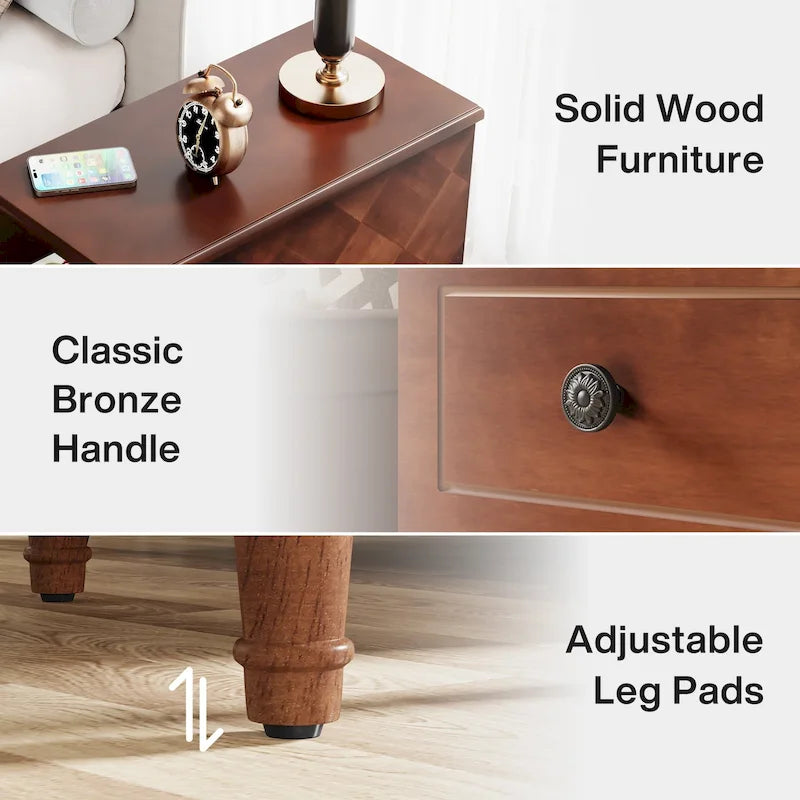 Fully Assembled Narrow End Table, Solid Wood Side Table with 3 Drawers, Vintage Nightstand Slim Bedside Table for Small Spaces