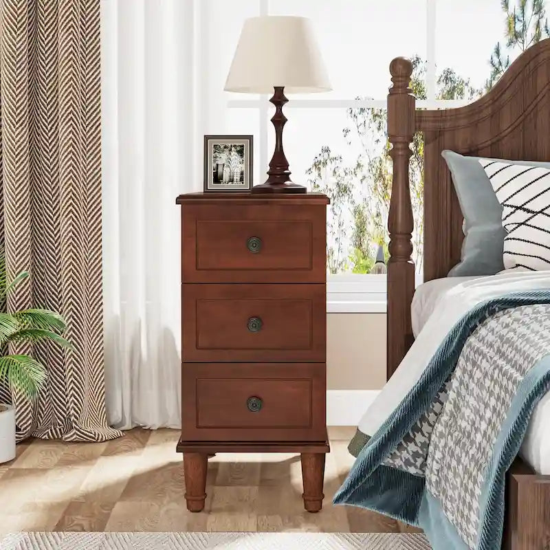 Fully Assembled Narrow End Table, Solid Wood Side Table with 3 Drawers, Vintage Nightstand Slim Bedside Table for Small Spaces