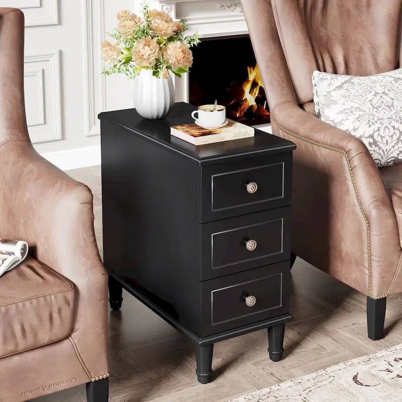 Fully Assembled Narrow End Table, Solid Wood Side Table with 3 Drawers, Vintage Nightstand Slim Bedside Table for Small Spaces