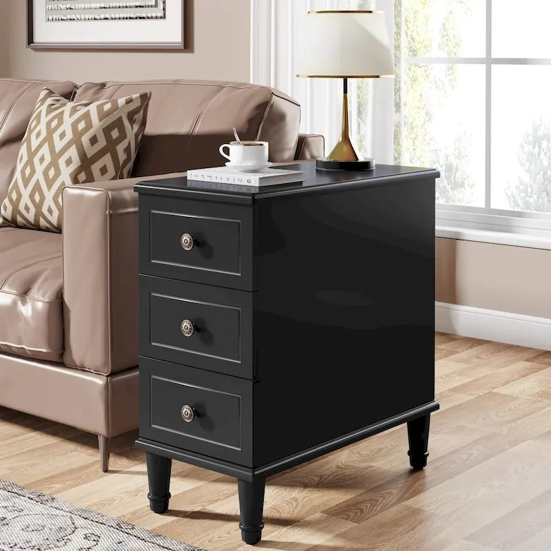 Fully Assembled Narrow End Table, Solid Wood Side Table with 3 Drawers, Vintage Nightstand Slim Bedside Table for Small Spaces