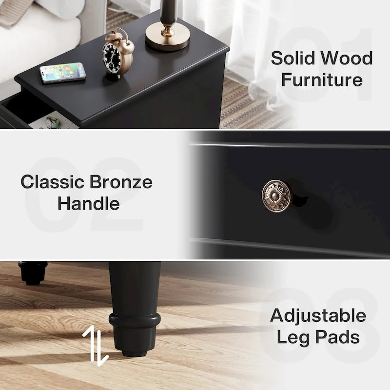 Fully Assembled Narrow End Table, Solid Wood Side Table with 3 Drawers, Vintage Nightstand Slim Bedside Table for Small Spaces