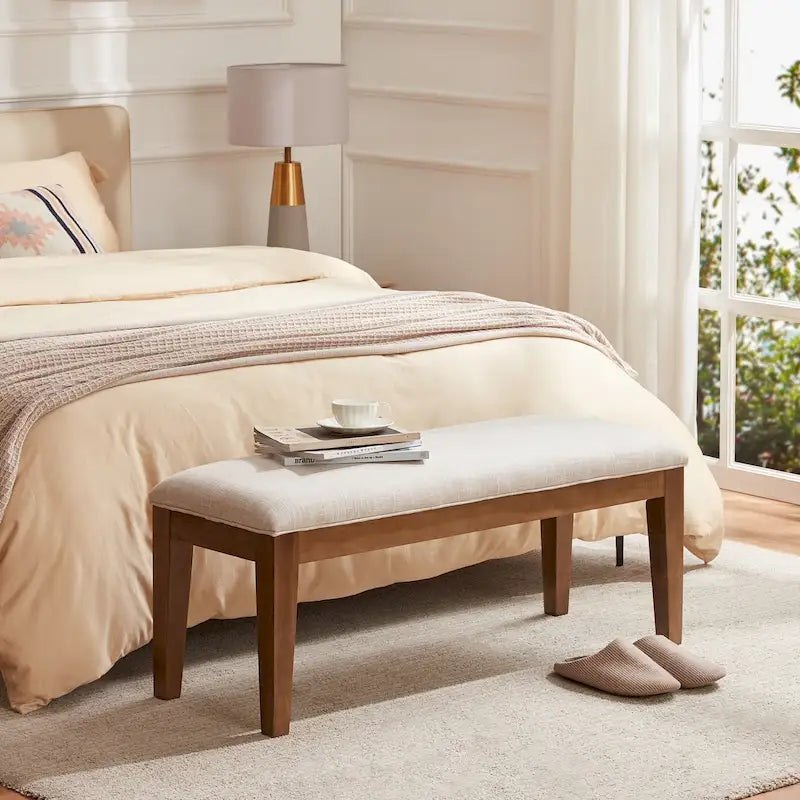 Banc d'entrée rembourré en tissu, banc de chambre pour le pied de lit beige, bois massif 112 cm