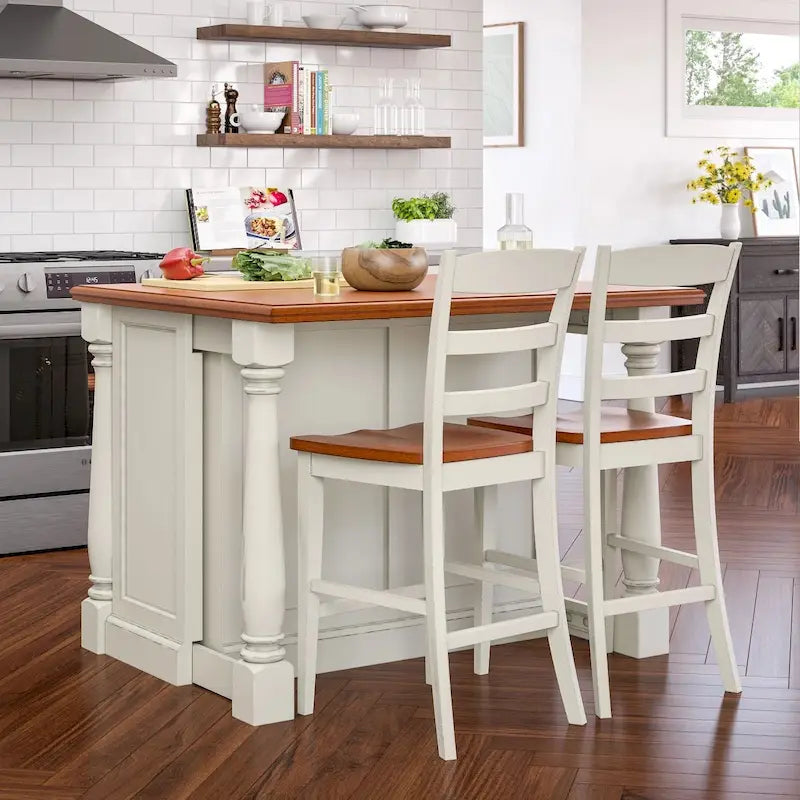 Ensemble d'îlot de cuisine 3 pièces Monarch de Homestyles en bois blanc cassé avec dessus en bois à abattant – 48 po x 25 po x 36 po