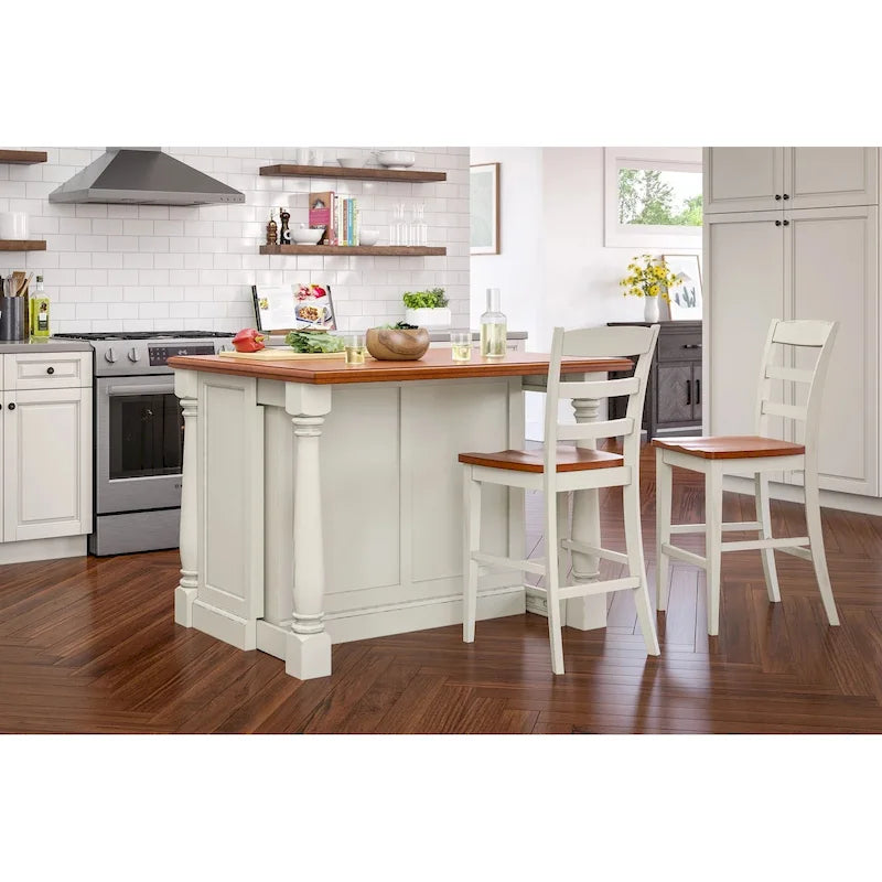 Ensemble d'îlot de cuisine 3 pièces Monarch de Homestyles en bois blanc cassé avec dessus en bois à abattant – 48 po x 25 po x 36 po