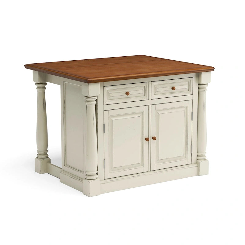 Ensemble d'îlot de cuisine 3 pièces Monarch de Homestyles en bois blanc cassé avec dessus en bois à abattant – 48 po x 25 po x 36 po