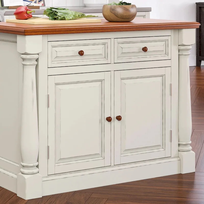 Ensemble d'îlot de cuisine 3 pièces Monarch de Homestyles en bois blanc cassé avec dessus en bois à abattant – 48 po x 25 po x 36 po
