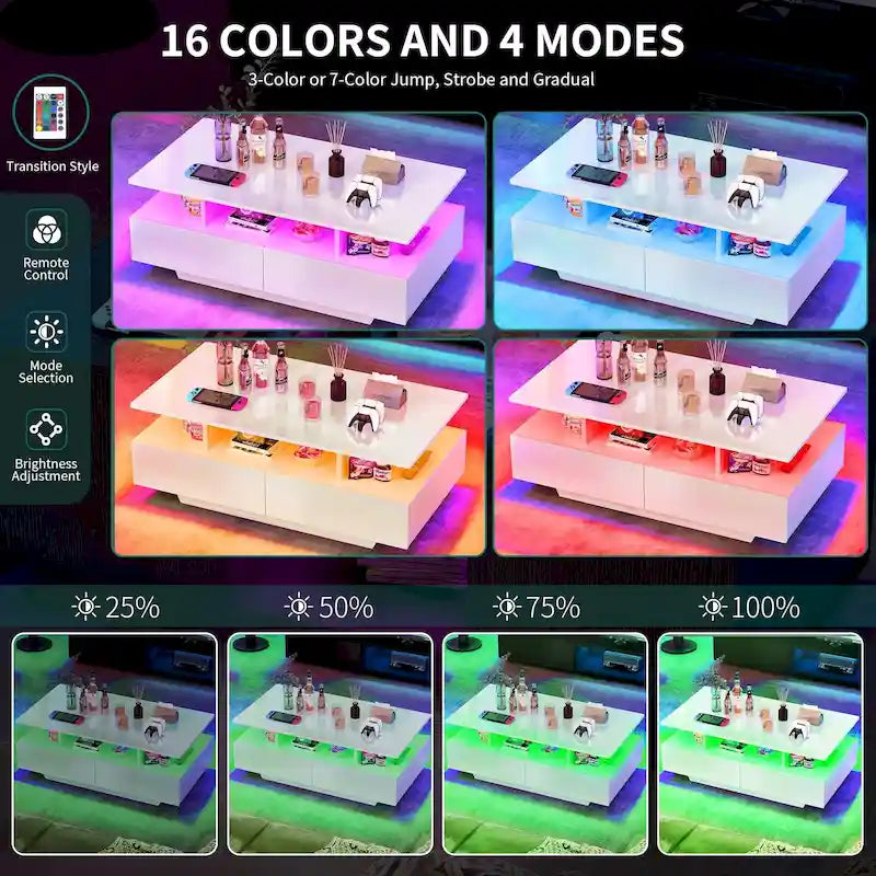Table basse moderne Moasis avec rangement, LED haute brillance pour salon