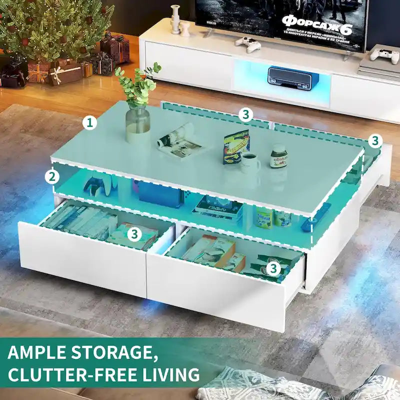 Table basse moderne Moasis avec rangement, LED haute brillance pour salon