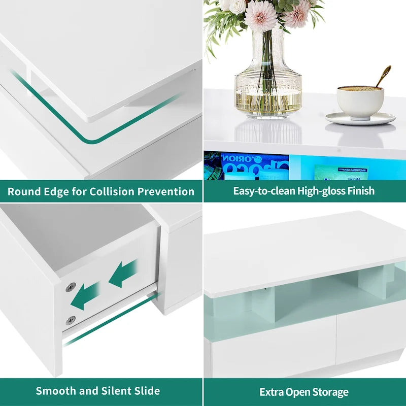 Table basse moderne Moasis avec rangement, LED haute brillance pour salon