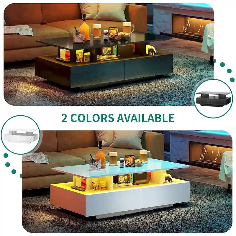 Table basse moderne Moasis avec rangement, LED haute brillance pour salon