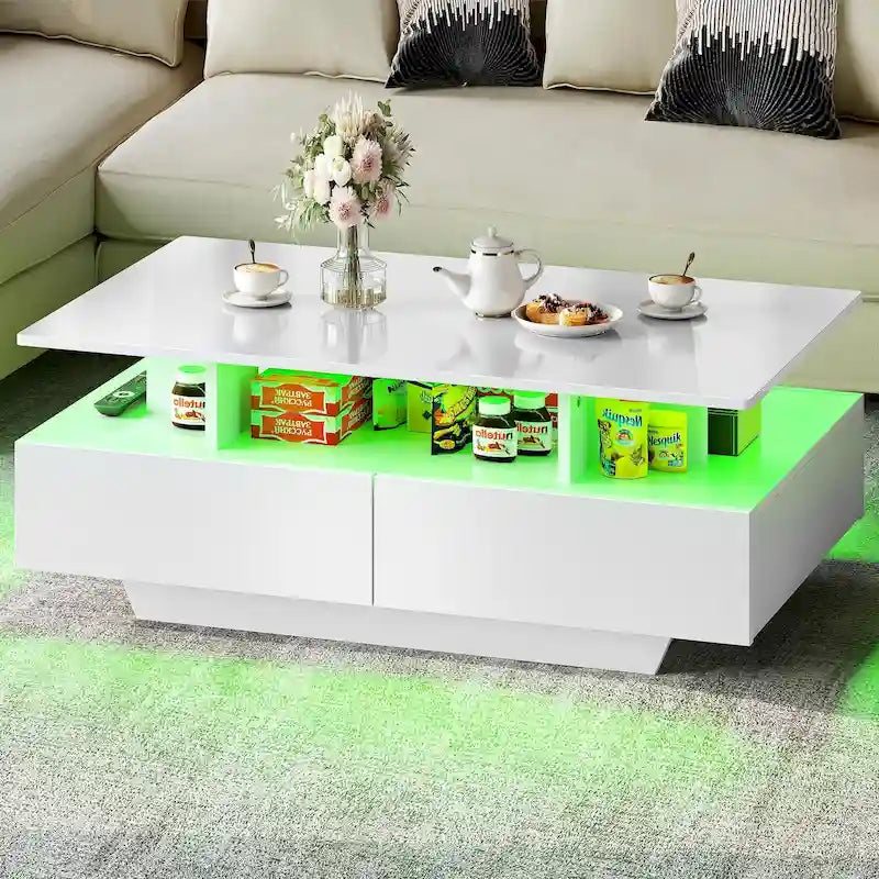 Table basse moderne Moasis avec rangement, LED haute brillance pour salon