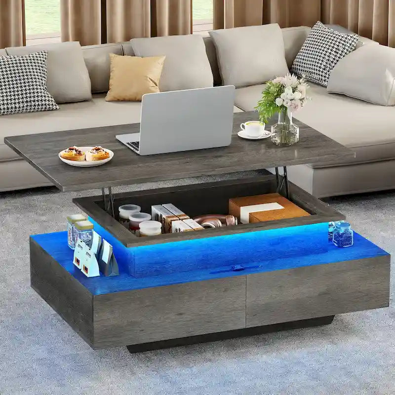 Table basse moderne Moasis avec rangement, LED haute brillance pour salon