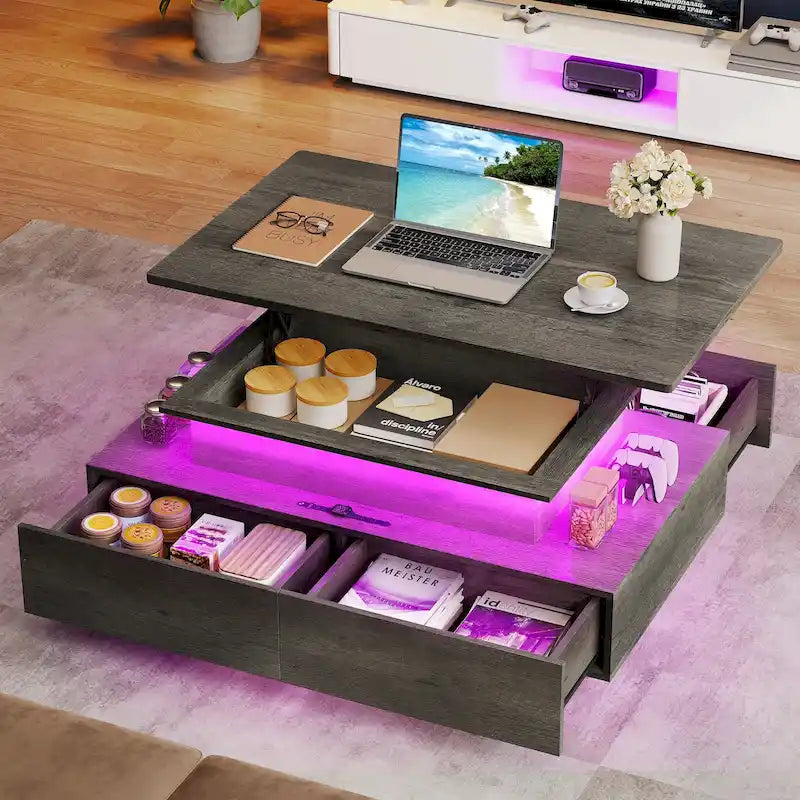Table basse moderne Moasis avec rangement, LED haute brillance pour salon