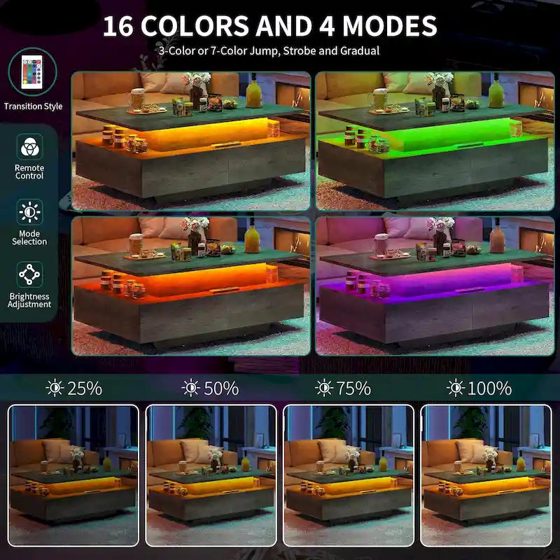 Table basse moderne Moasis avec rangement, LED haute brillance pour salon