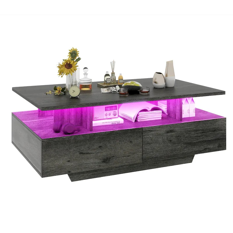 Table basse moderne Moasis avec rangement, LED haute brillance pour salon