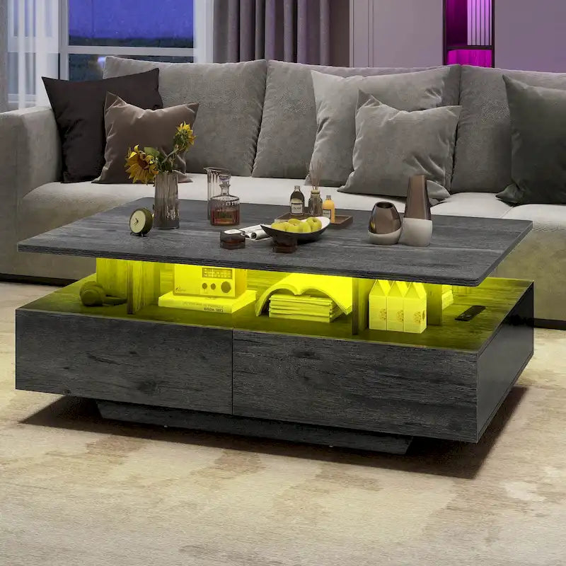 Table basse moderne Moasis avec rangement, LED haute brillance pour salon