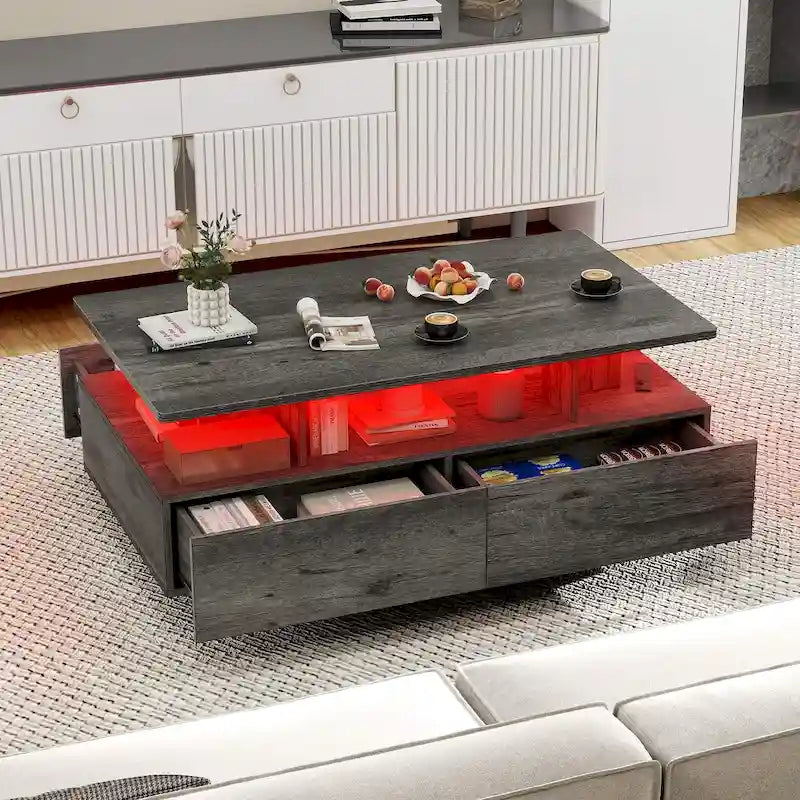 Table basse moderne Moasis avec rangement, LED haute brillance pour salon