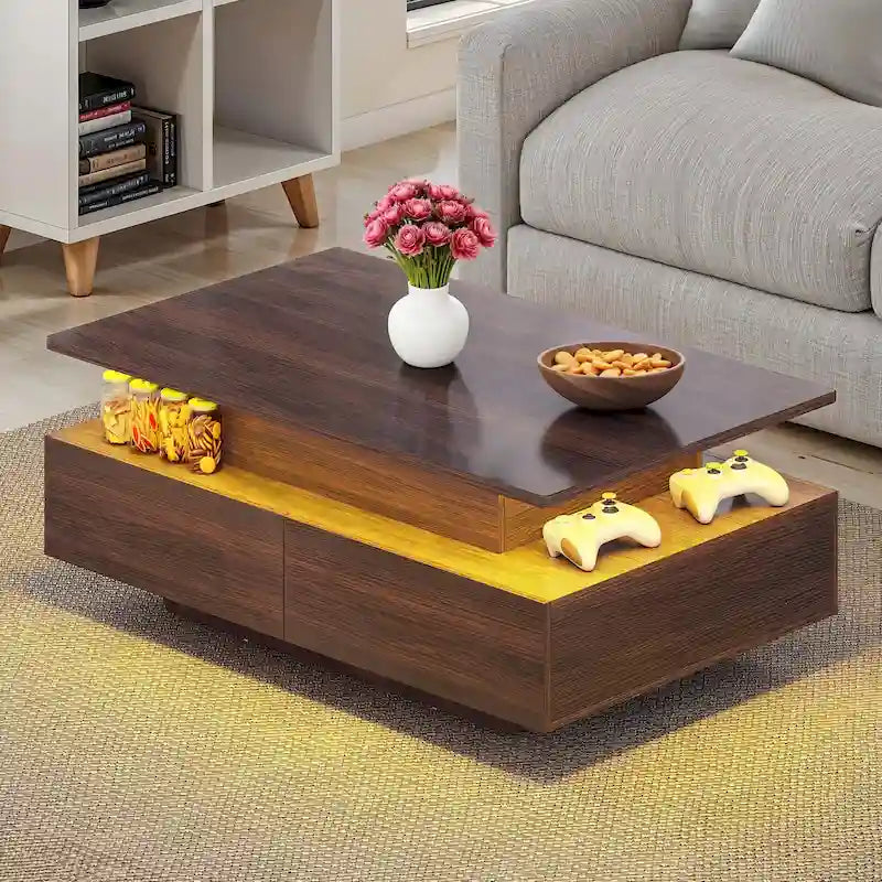 Table basse moderne Moasis avec rangement, LED haute brillance pour salon
