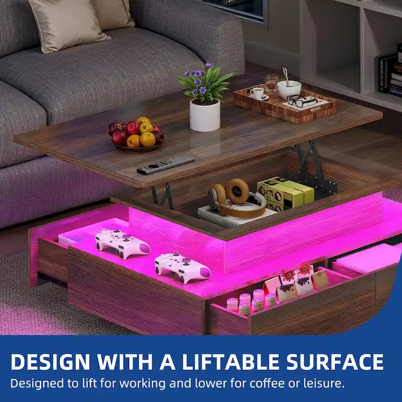 Table basse moderne Moasis avec rangement, LED haute brillance pour salon