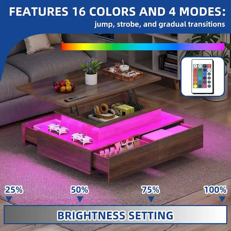 Table basse moderne Moasis avec rangement, LED haute brillance pour salon