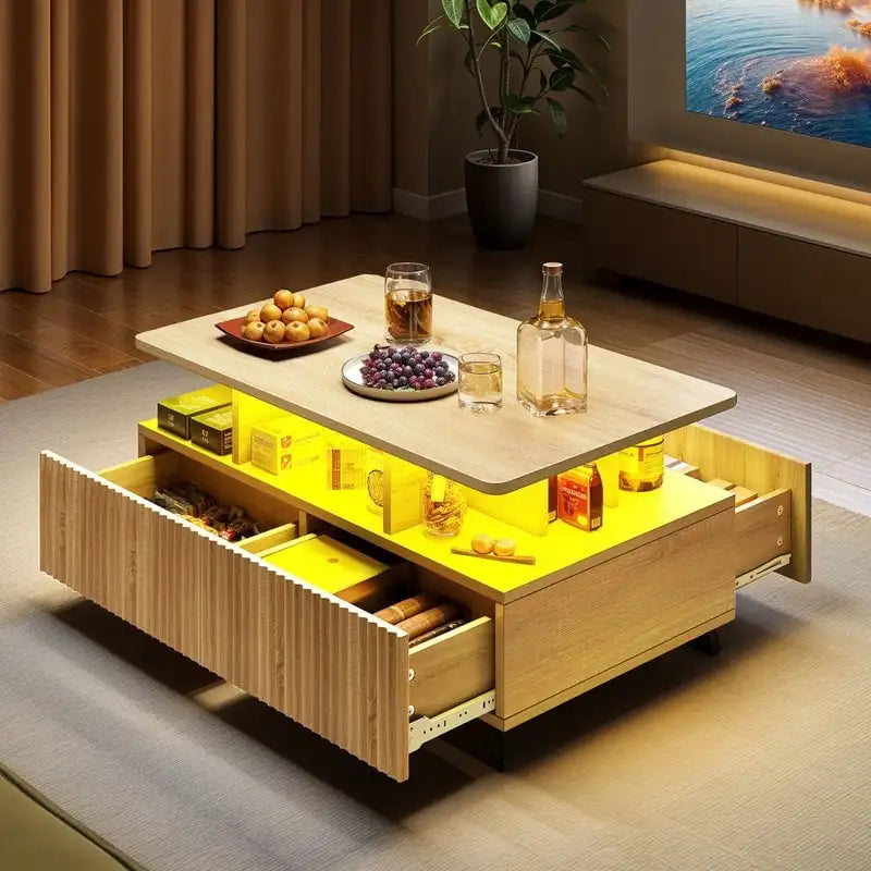 Table basse moderne Moasis avec rangement, LED haute brillance pour salon