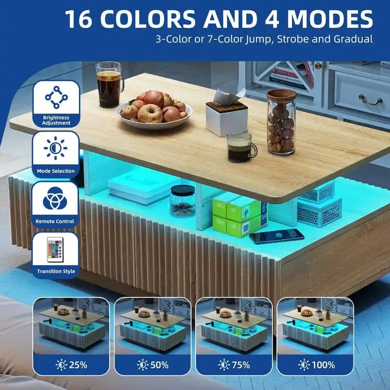 Table basse moderne Moasis avec rangement, LED haute brillance pour salon