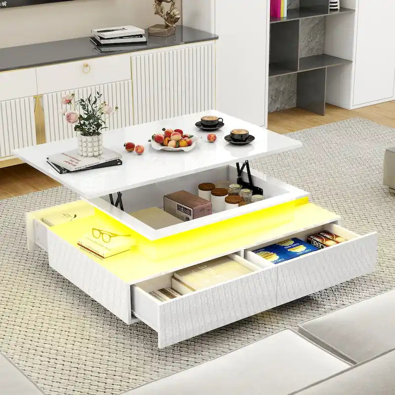 Table basse moderne Moasis avec rangement, LED haute brillance pour salon