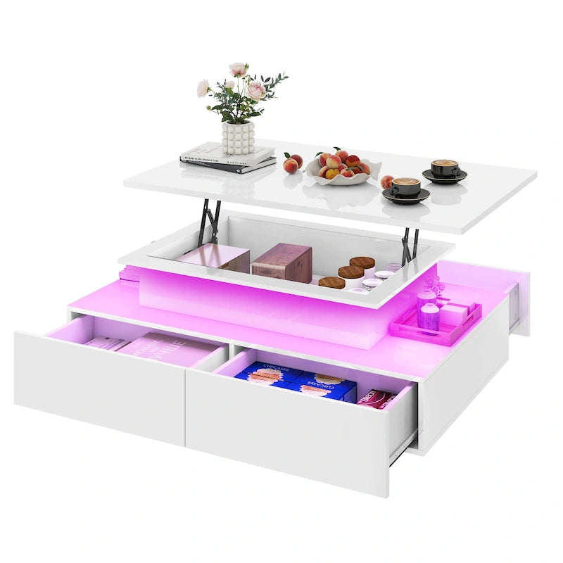 Table basse moderne Moasis avec rangement, LED haute brillance pour salon
