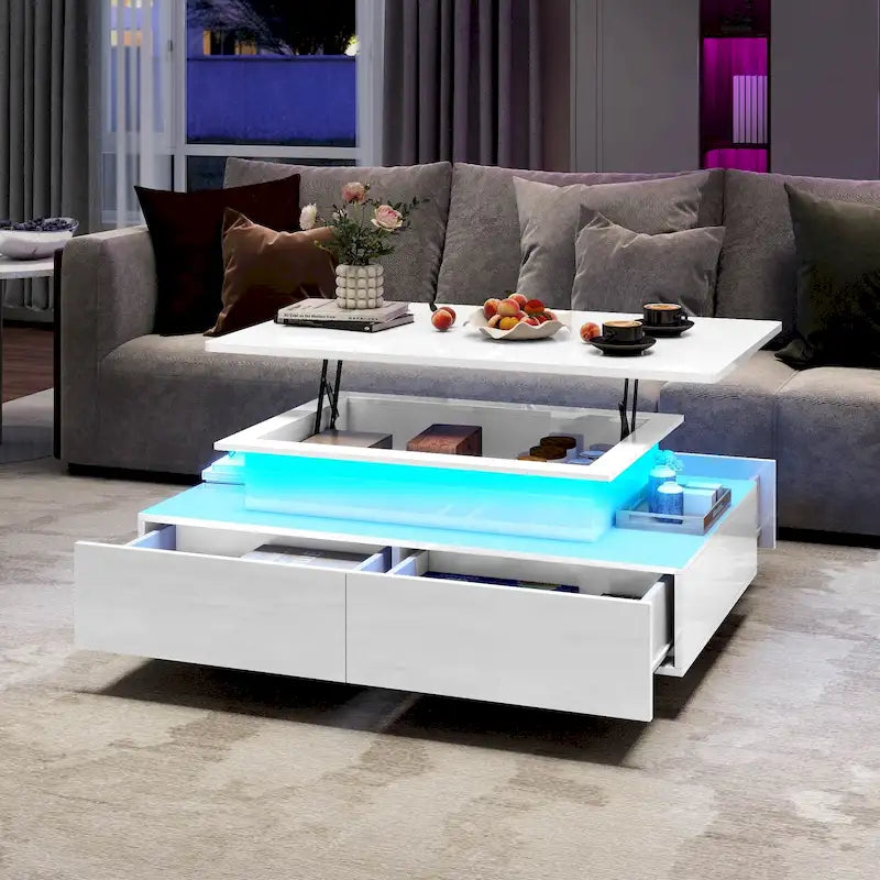 Table basse moderne Moasis avec rangement, LED haute brillance pour salon